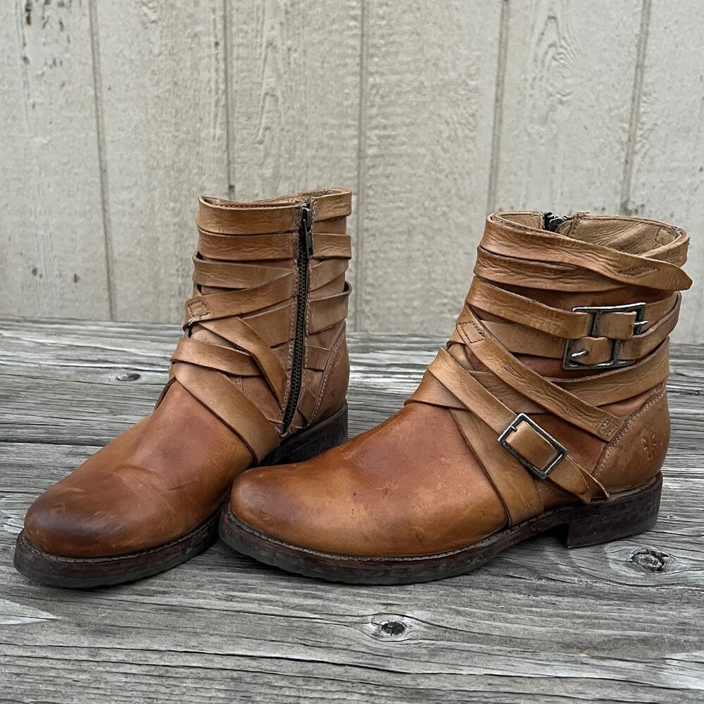 Frye Veronica Ankle Boots Multi-Strap Rugged Moto Biker Distressed Tan Size 9